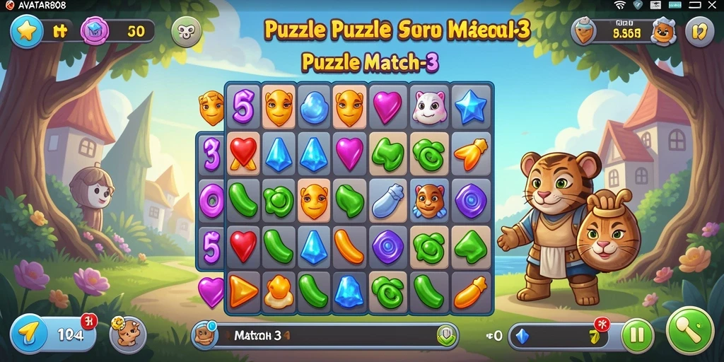 Tampilan antarmuka AVATAR808 dengan berbagai level dan warna cerah.